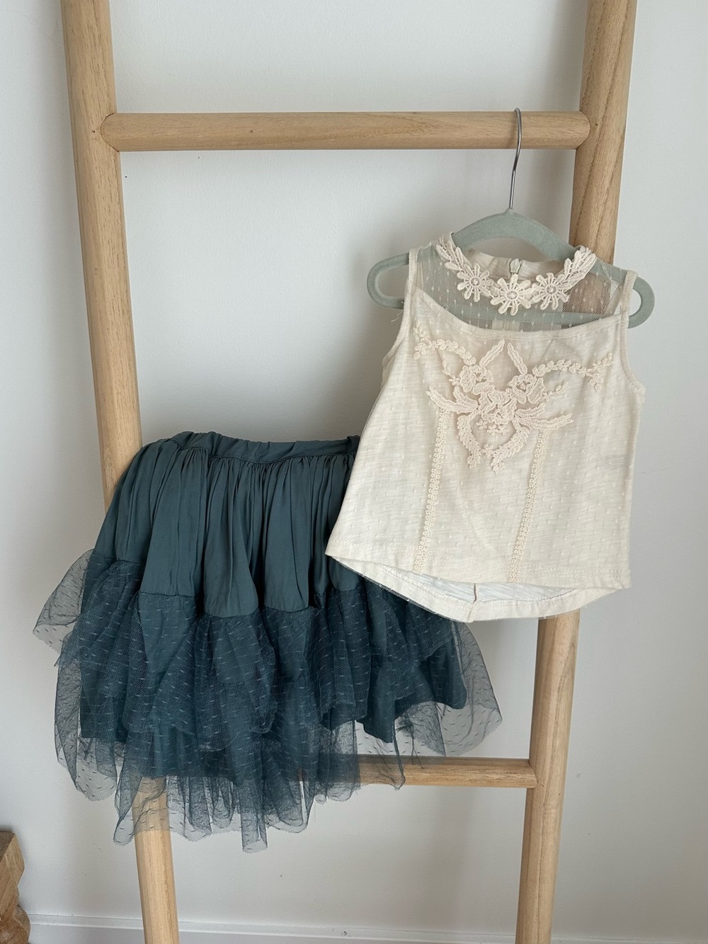 Joyfolie Ivory Lace Tank Top & Teal Tulle Skirt Set